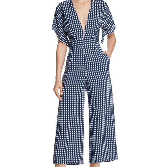 Faithfull the Brand Pants - Faithfull the Brand Gingham V Neck Back Tie Cedric Checkered Jumpsuit Blue